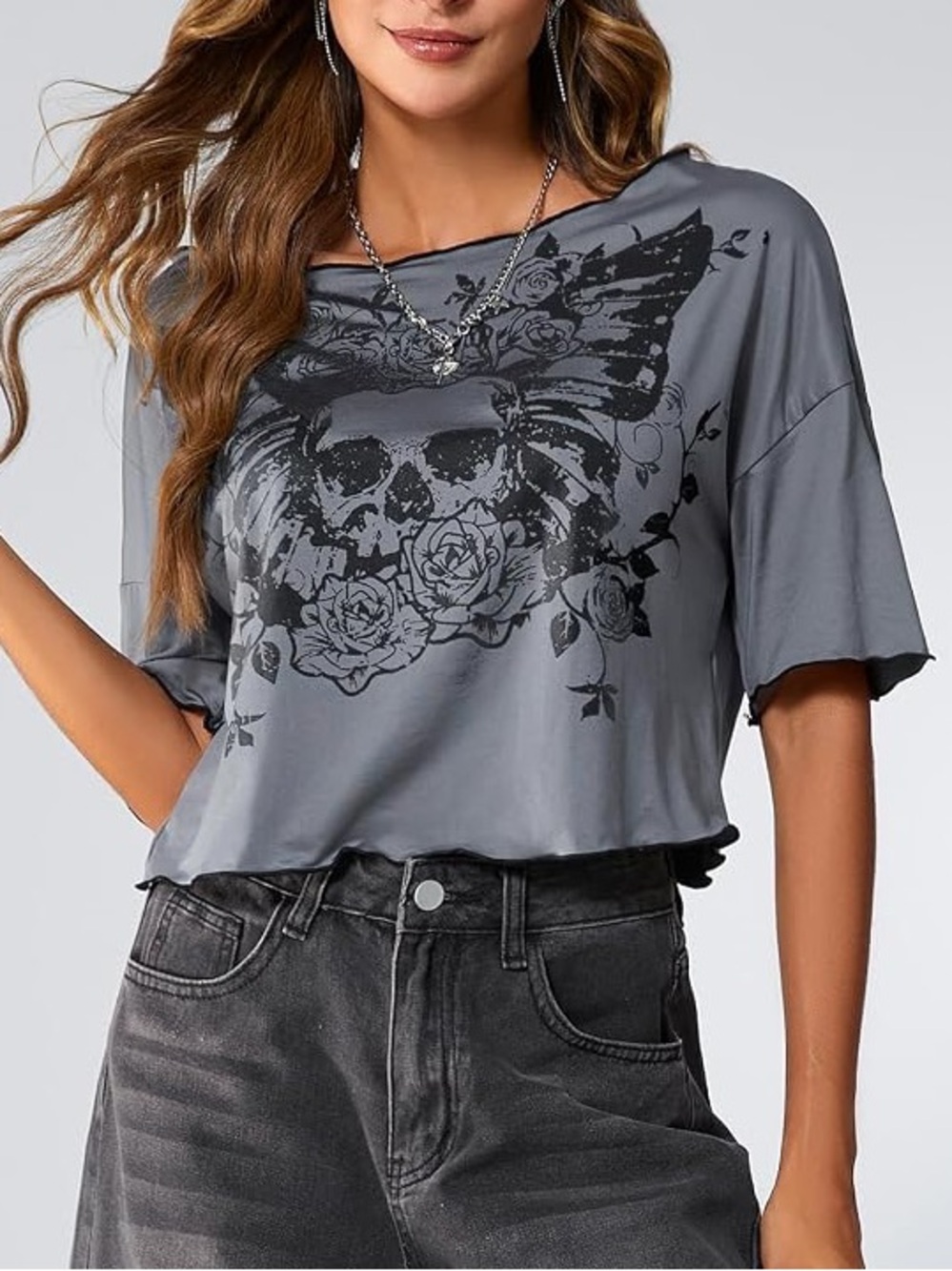 Skull Rose Graphic Oversized Crop Top - Picture 7 of 11